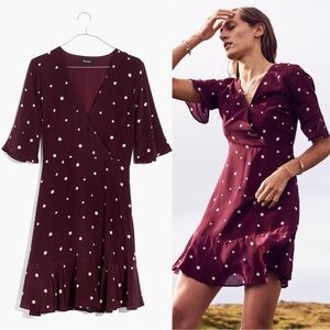 Madewell • Silk Flutter-Hem Dress in Star Mix maroon burgundy wrap ruffle